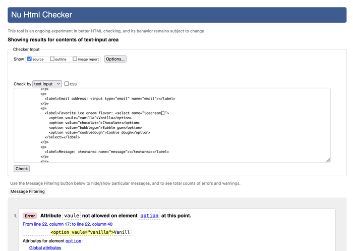 Finding issues with an HTML validator