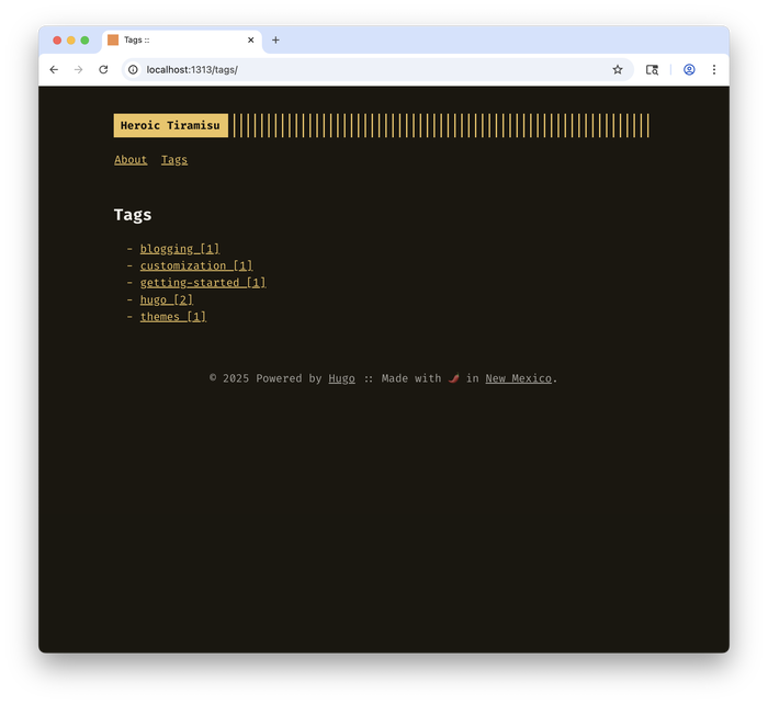 Tags index page on the Heroic Tiramisu Hugo website 