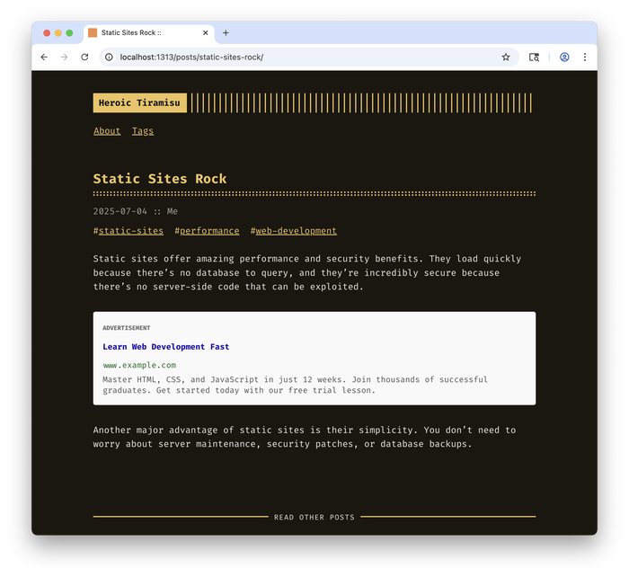 Hugo example ad shortcode on the Heroic Tiramisu Hugo website 