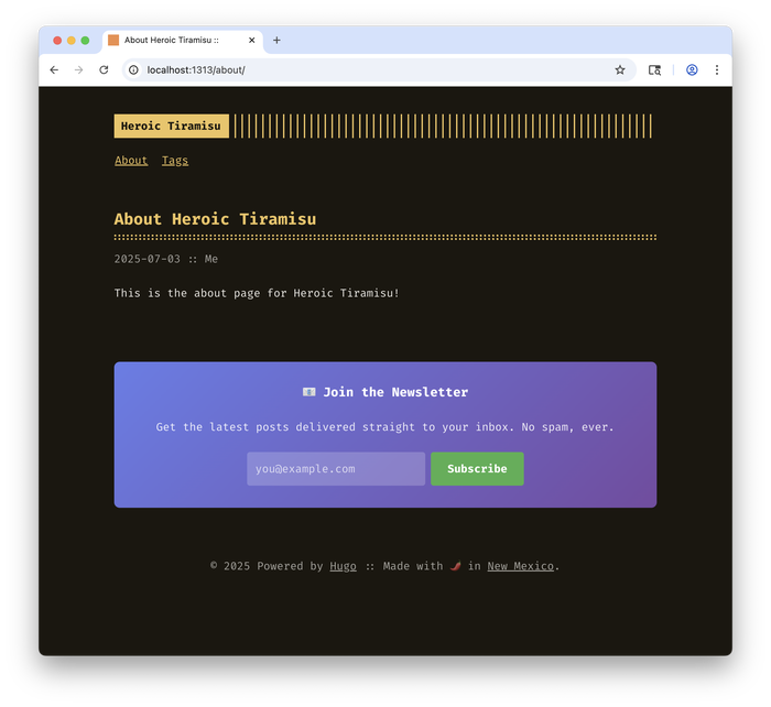 Newsletter sign-up partial on the Heroic Tiramisu Hugo website 