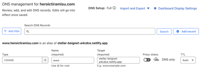 Adding the DNS record in the Cloudflare interface