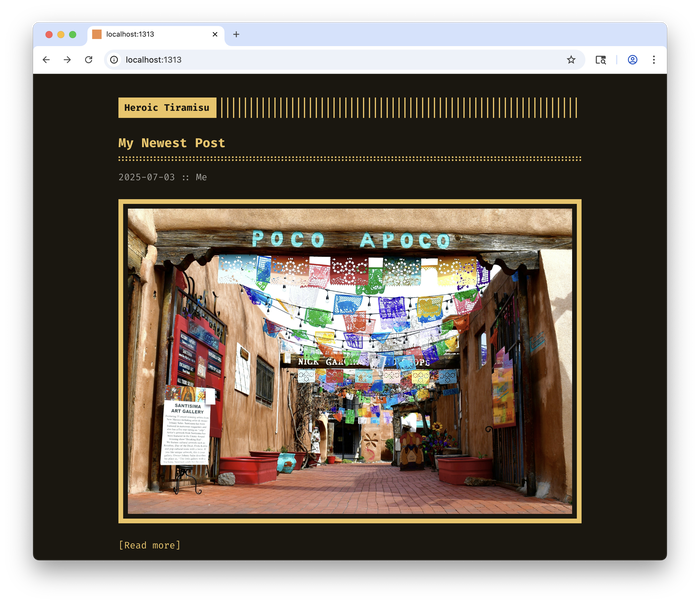 Previewing the Heroic Tiramisu Hugo website with the blog post with a cover image