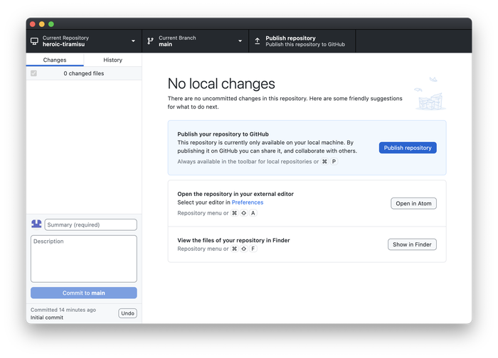 The GitHub Desktop window after the repository has been created