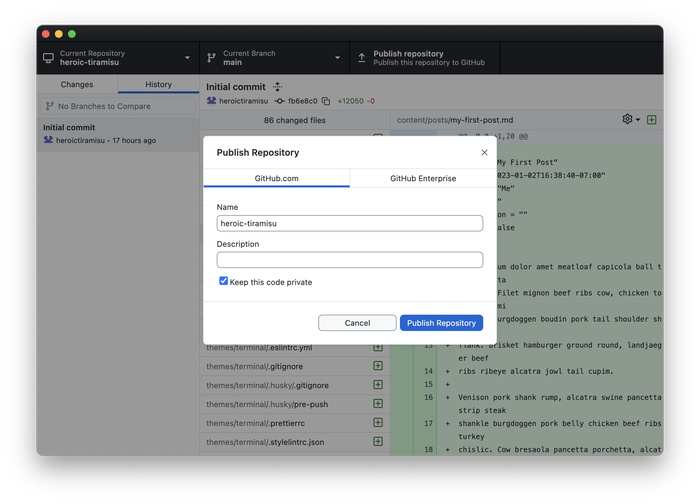 Publishing the repository on GitHub