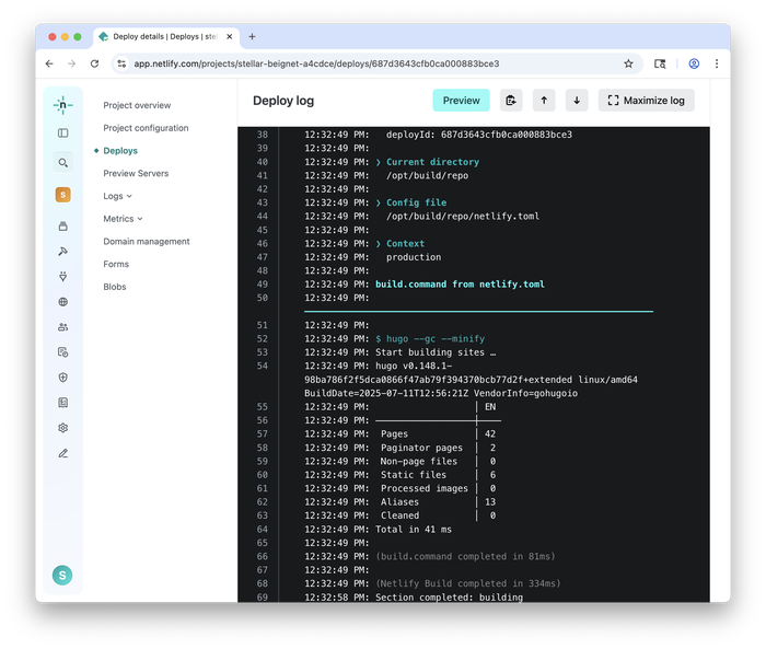 Netlify build logs showing that it used the netlify.toml file.