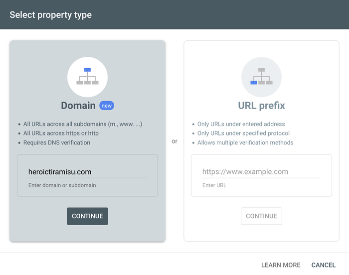 Adding a property in Google Search Console